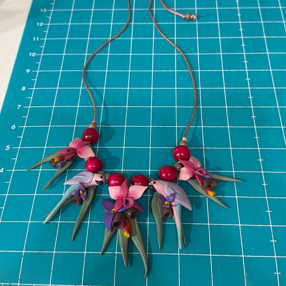 Vintage 80s Clay Parrot & Orchid Wood Bead Necklace on Pink Satin Cord
